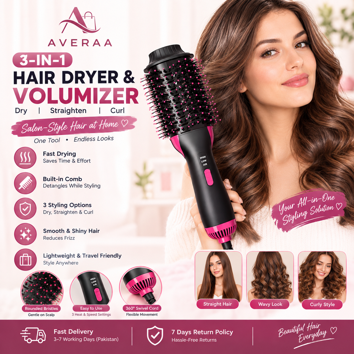**3-in-1 One-Step Hair Dryer & Volumizer – Hot Air Brush for Hair Drying, Straightening & Curling**